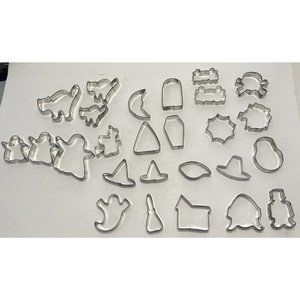 Vtg 26 Metal Cookie Cutters Halloween Cat Ghost Witch Hat Moon Tombstone Eye